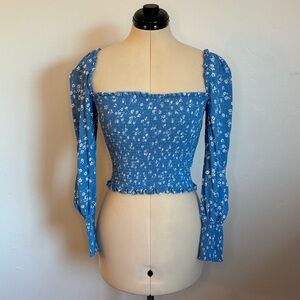 Reformation Pinto Top in Lassen Blue, Smocked, Puff Long Sleeve Dainty Floral, S